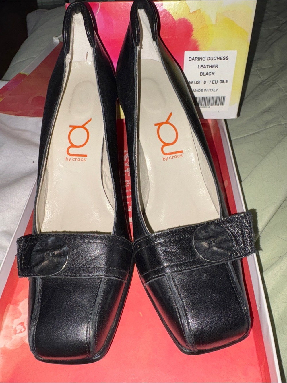 CROCS Black Leather Daring Duchess Square-Toe Button on top of toe, heels